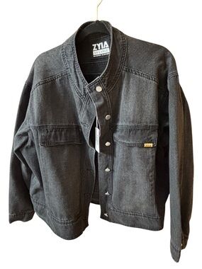 NWT ZYIA XXL Charcoal Black Denim Jacket | Snap Front Cropped Jacket Athleisure